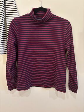 L.L.Bean Navy and Burgundy Striped Turtleneck Top